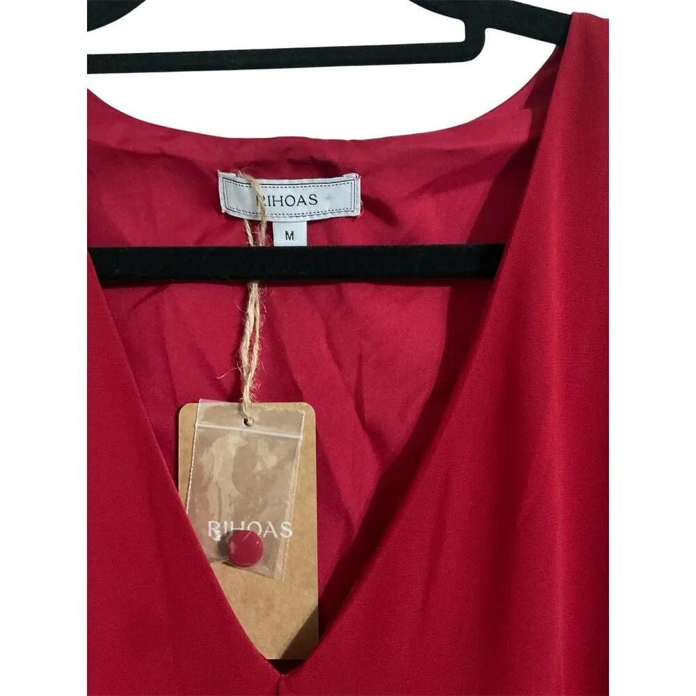 RIHOAS Women's Red V-Neck Puff Sleeve Slit Midi Dress NEW size Medium - Picture 6 of 14